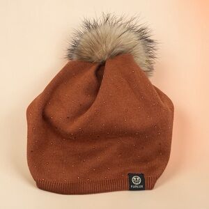 FURLUX Beanie Hat Cashmere Rhinestones Fox Fur Pom Ruched Back Choc Brown NWT